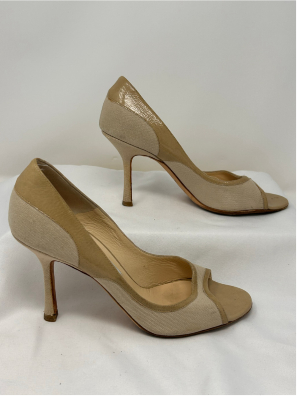 Jimmy Choo Canvas Patent Leather Peep Toe Pumps Beige 37.5 3.5” Heel